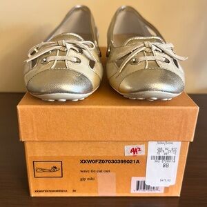 Tod’s Beige Patent, Sand Suede, Metallic Trim Wave Tie Cut Out Flats Size 8